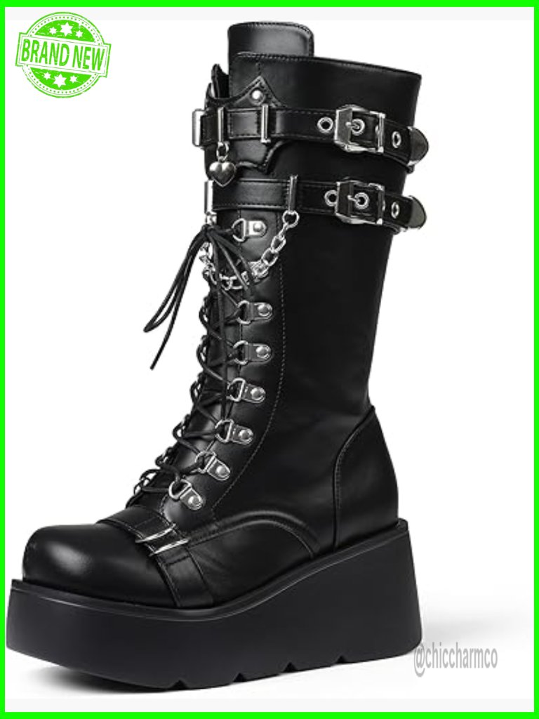 Mid Calf Lace Up Chunky Heel Combat Boots Wedge Gothic Punk Motorcycle Zip
